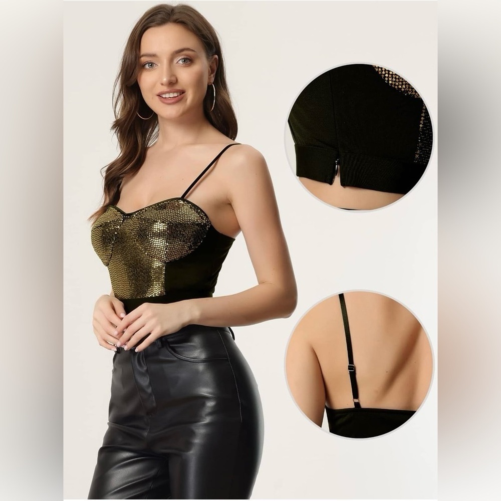 Allegra K Sequin Crop Top for Women's Spaghetti Strap Sexy Sweetheart Neck, M - Picture 2 of 7